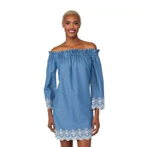 Michael Kors Womens Embroidered Chambray Off-The-Shoulder Dress SZ L